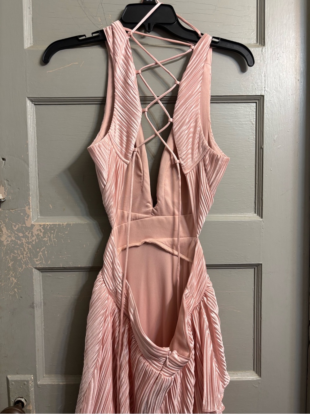 Blush Pink Plunge Neck Pleated Backless Prom Dress